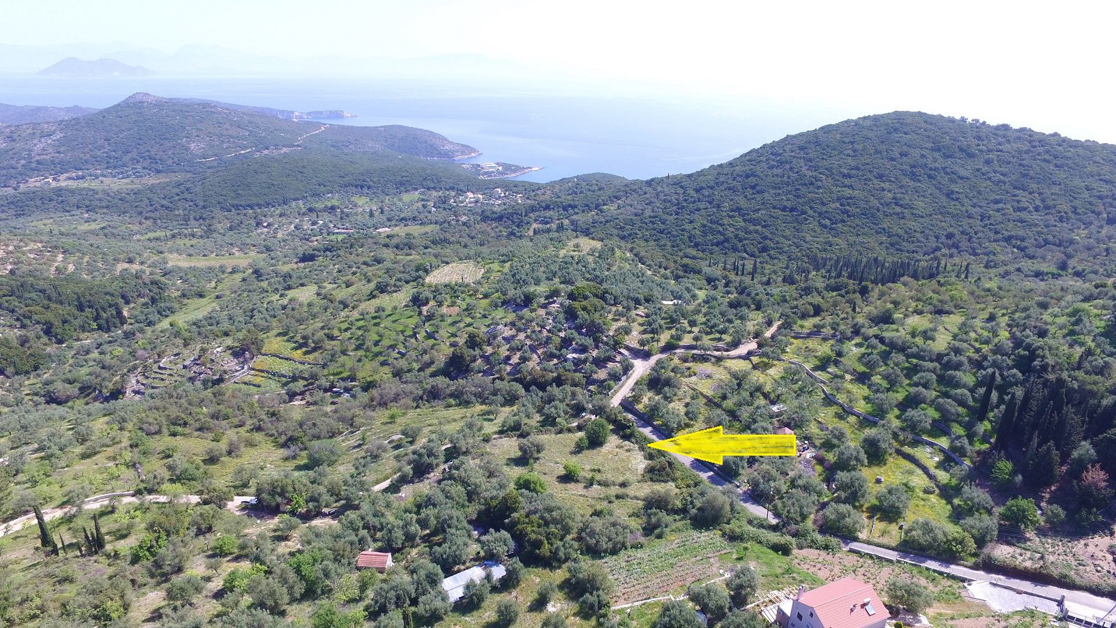 Aerial view and location of land for sale in Ithaca Greece, Perachori