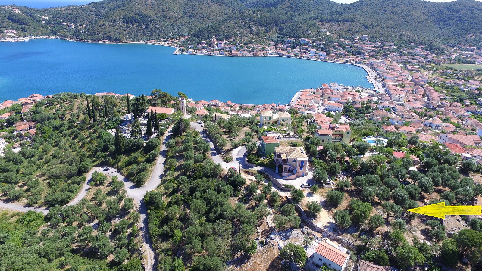 Aerial view of land for sale on Ithaca Greece, Vathi