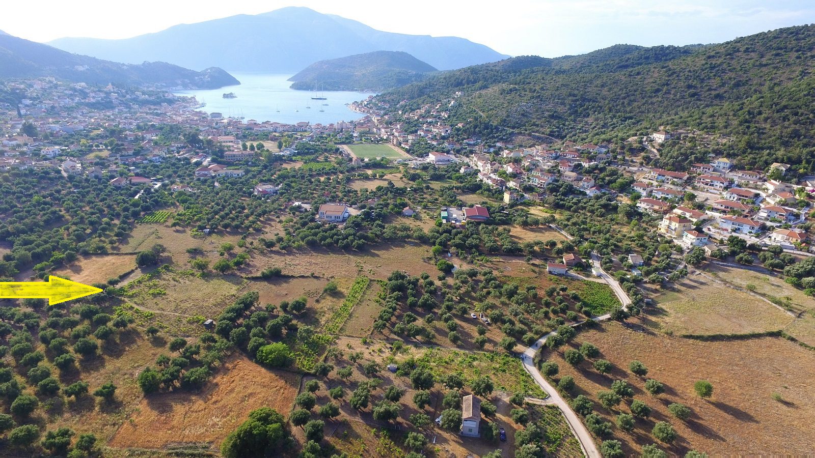 Aerial view and location of land for sale Ithaca Greece, Vathi