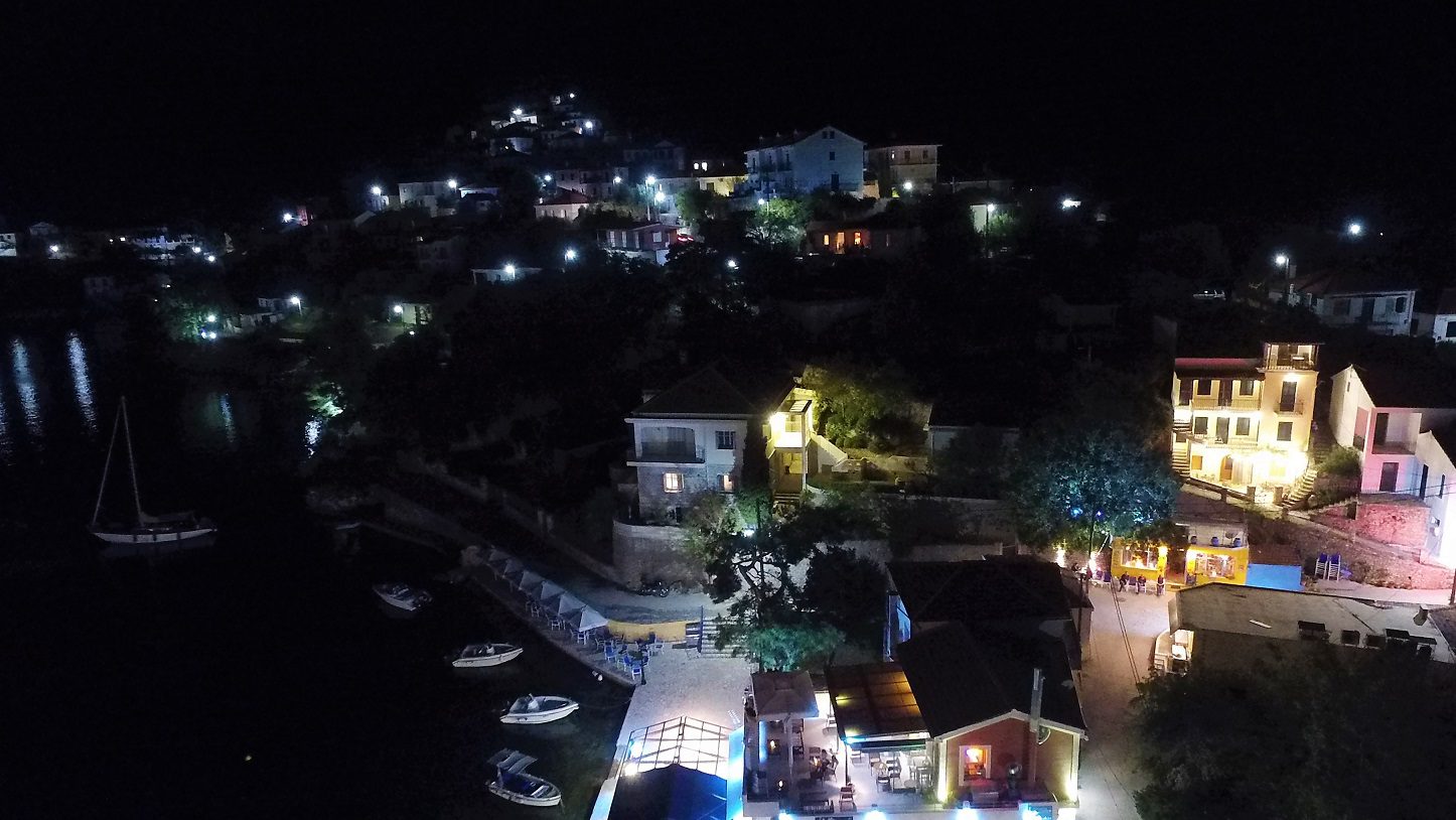 Night views of apartment complex and house for sale in Ithaca Greece, Kioni