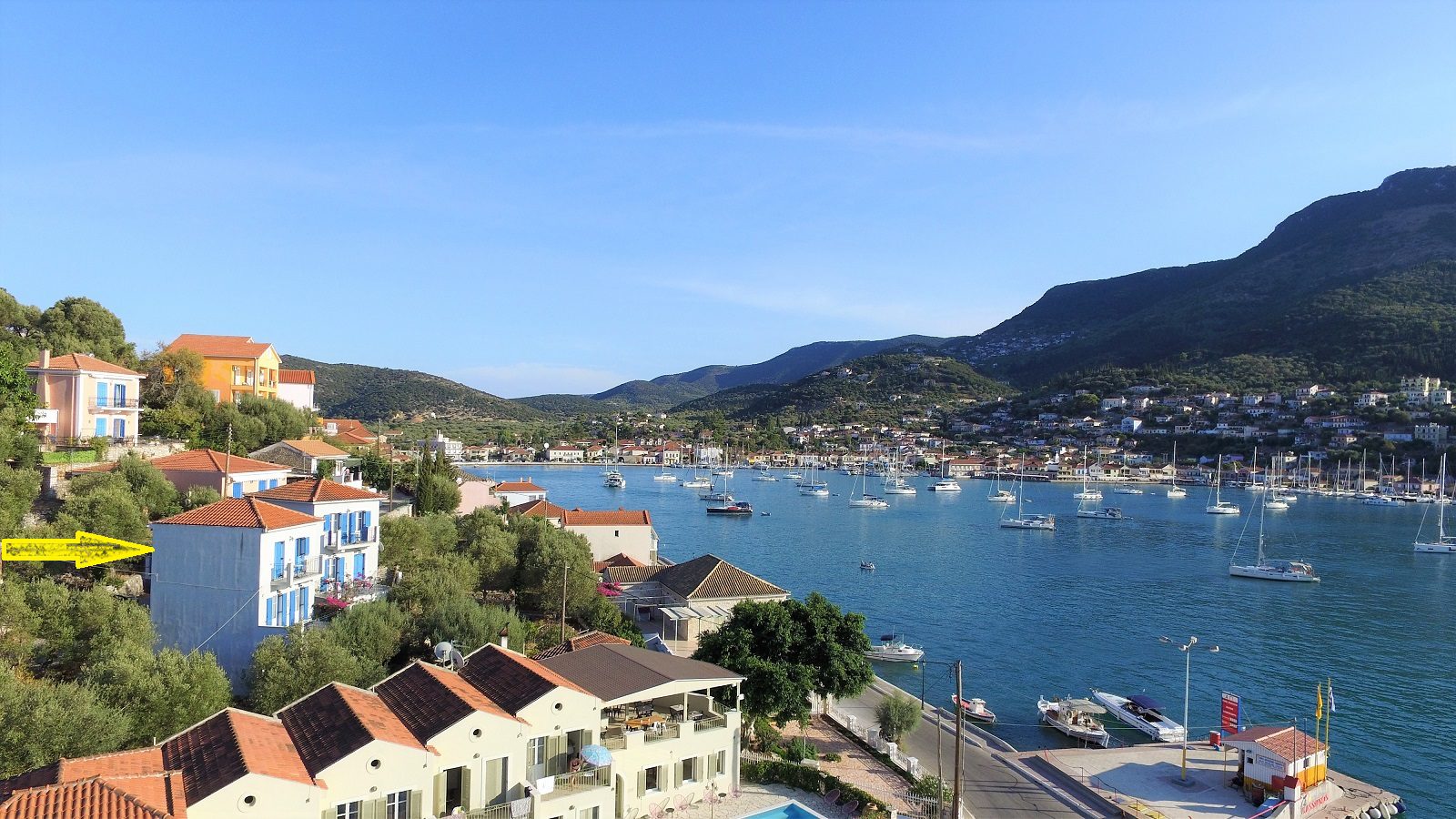 Aerial views of house for sale Ithaca Greece, Vathi