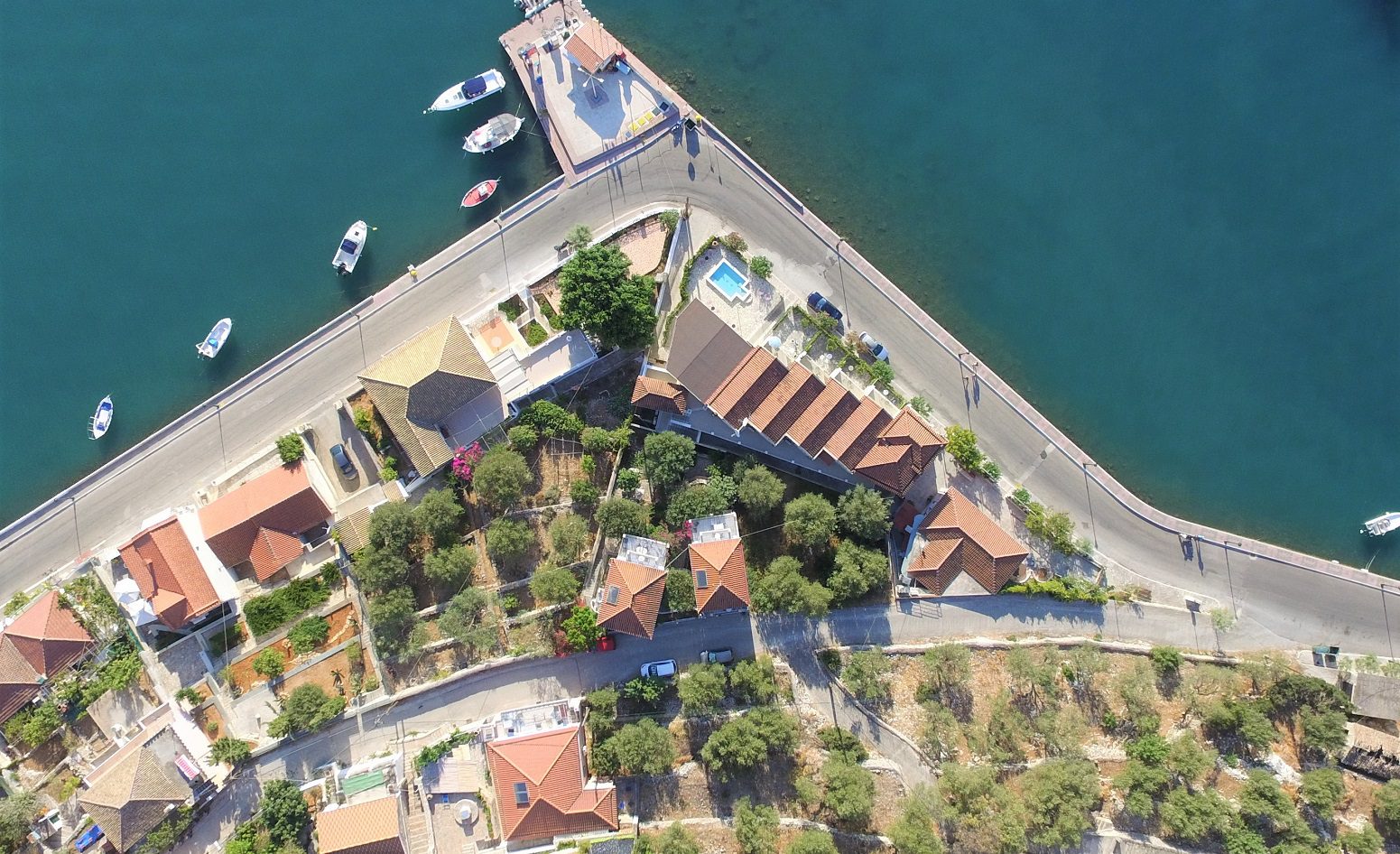 Aerial views of house for sale Ithaca Greece, Vathi
