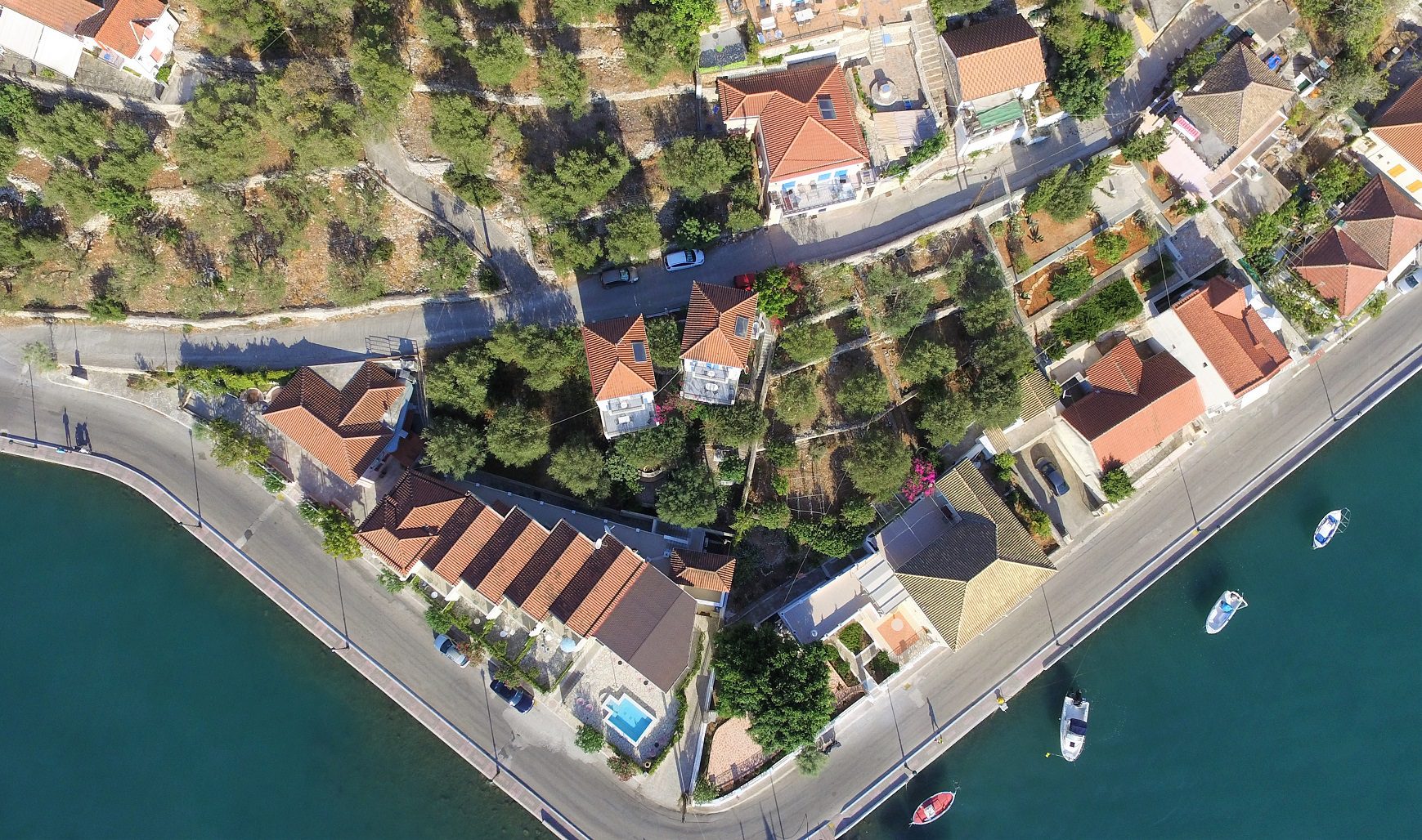 Aerial views of house for sale Ithaca Greece, Vathi