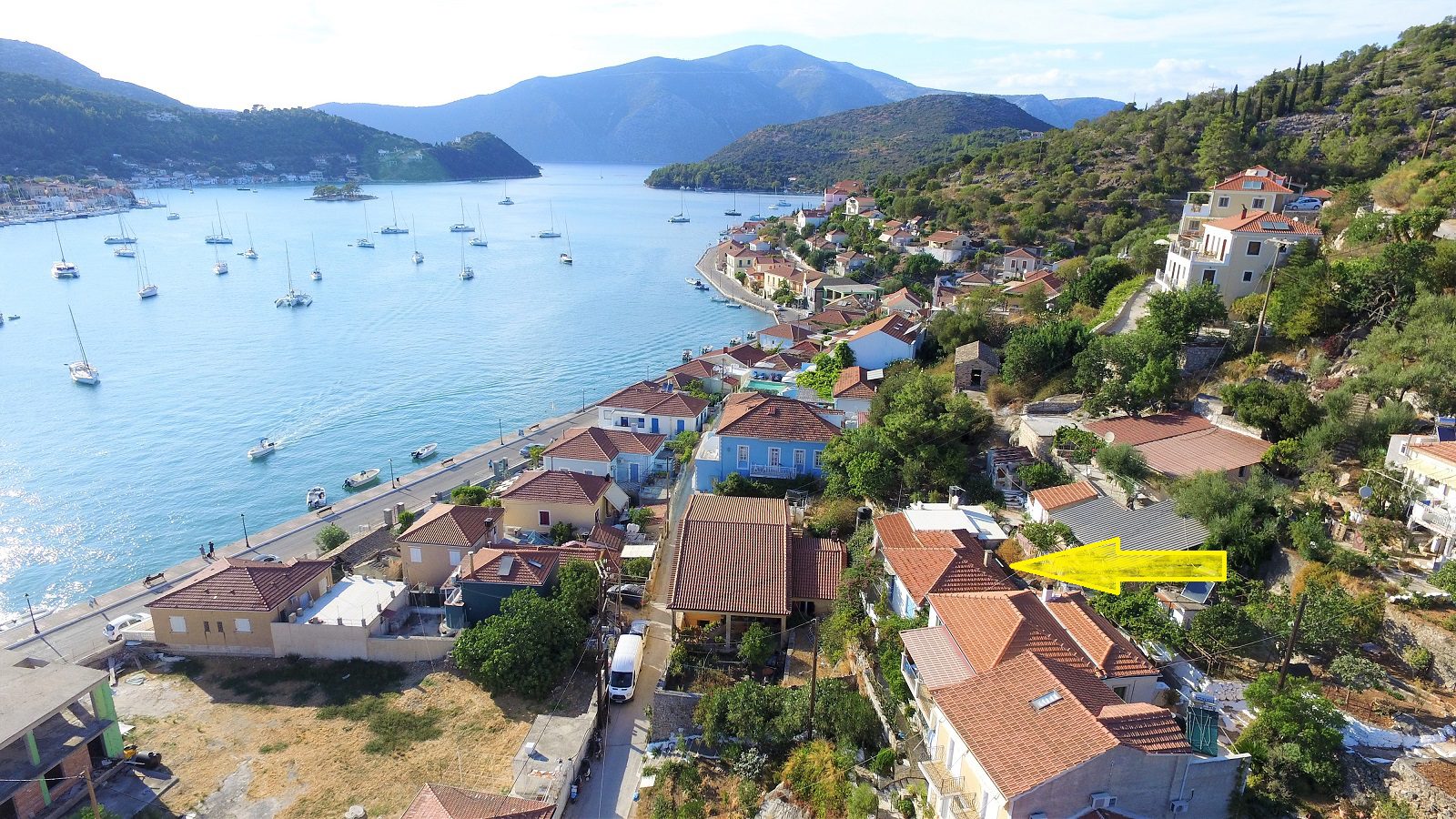 Aerial views of house for sale Ithaca Greece, Vathi