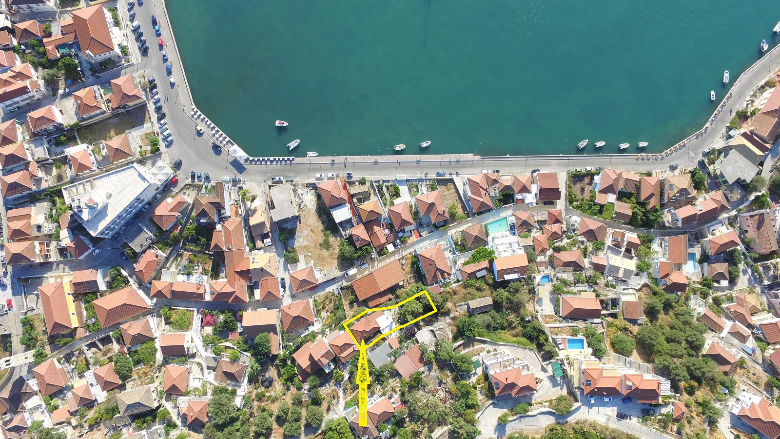 Aerial views of house for sale Ithaca Greece, Vathi