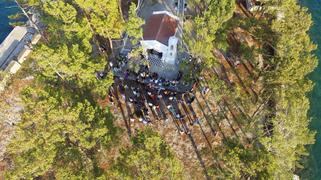 Drone pic of church, wedding Ithaca Greece