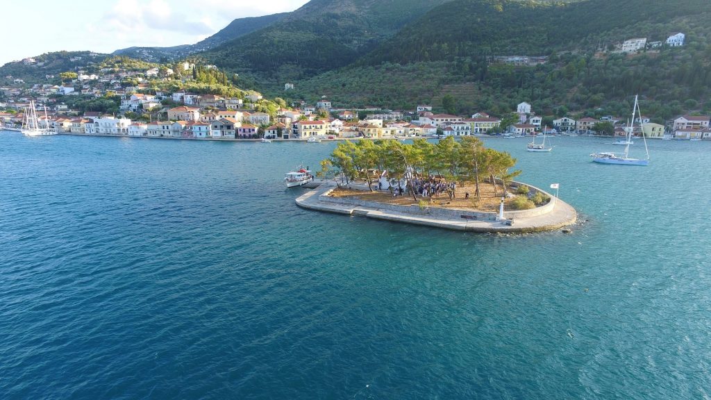 Drone pic of island, wedding Ithaca Greece