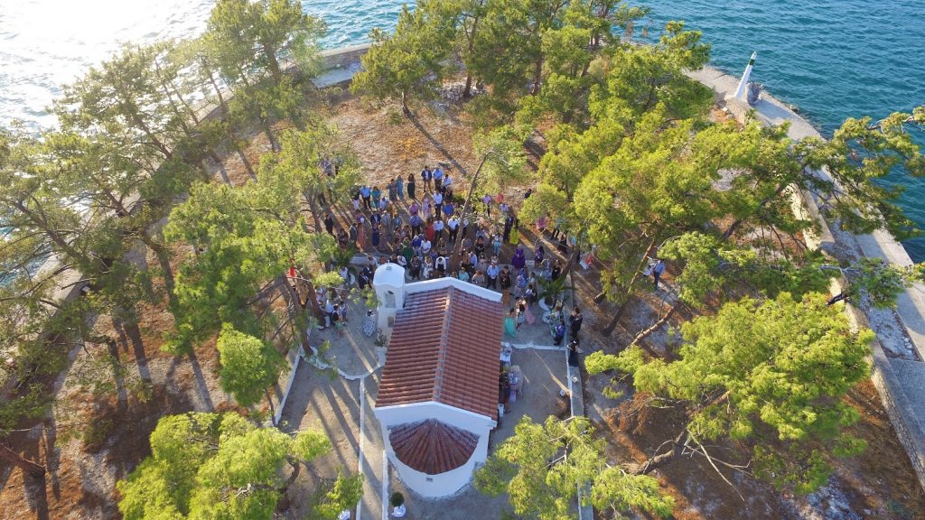 Drone pic of ceremony, wedding Ithaca Greece