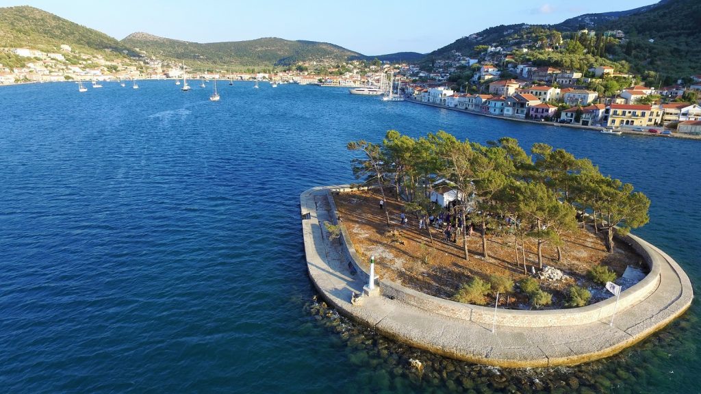 Drone pic of Vathi and church, wedding Ithaca Greece