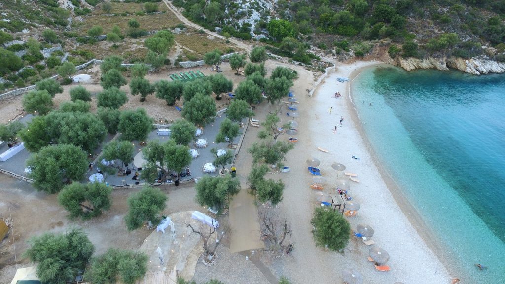 Drone pic of Filitatro wedding reception, wedding Ithaca Greece