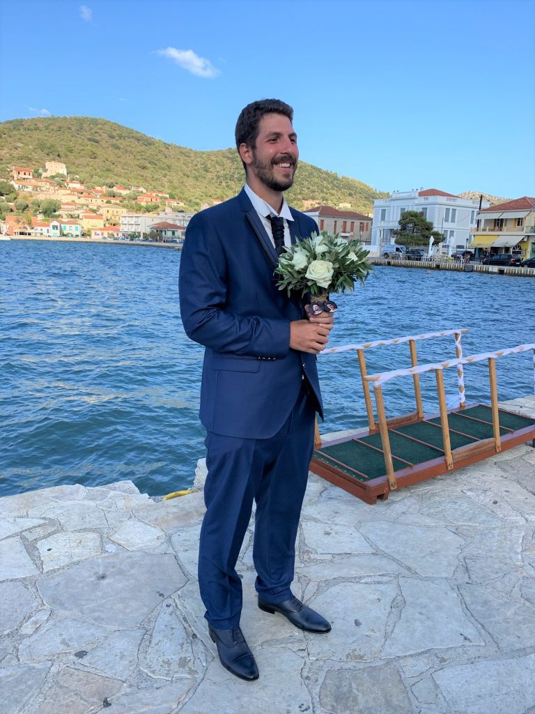 Groom waiting patiently, wedding Ithaca Greece
