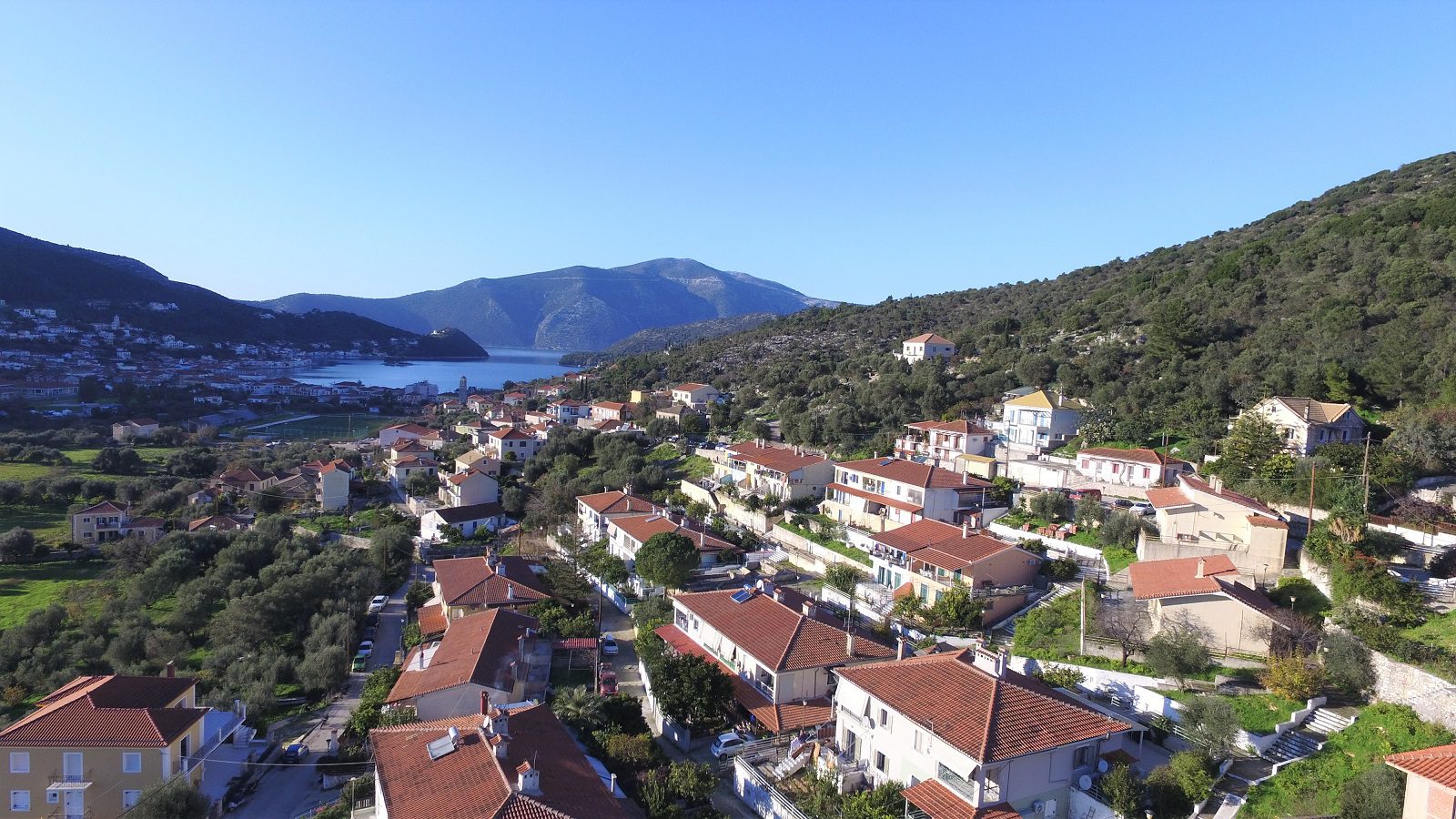 Aerial views of house for sale on Ithaca Greece, Vathi
