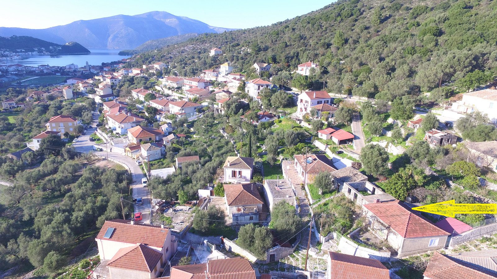Aerial views of house for sale on Ithaca Greece, Vathi
