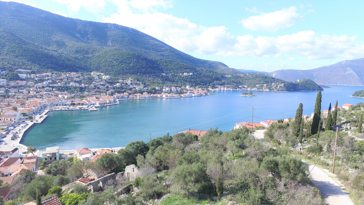Aerial views of land for sale on Ithaca Greece, Vathi