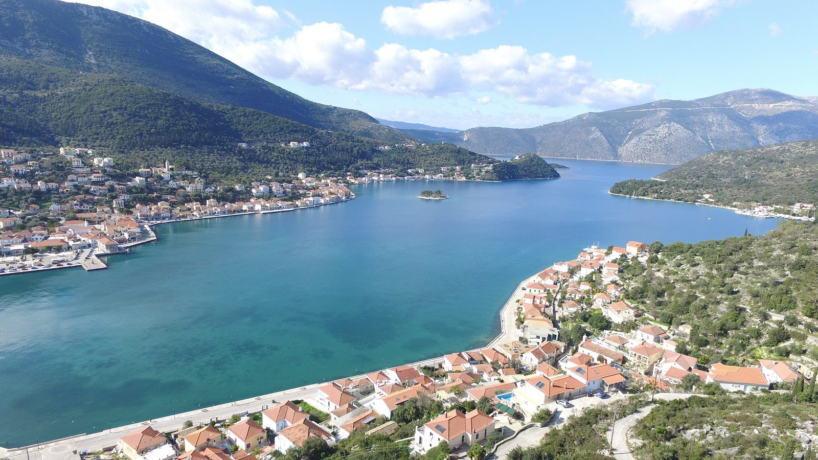 Aerial views of land for sale on Ithaca Greece, Vathi
