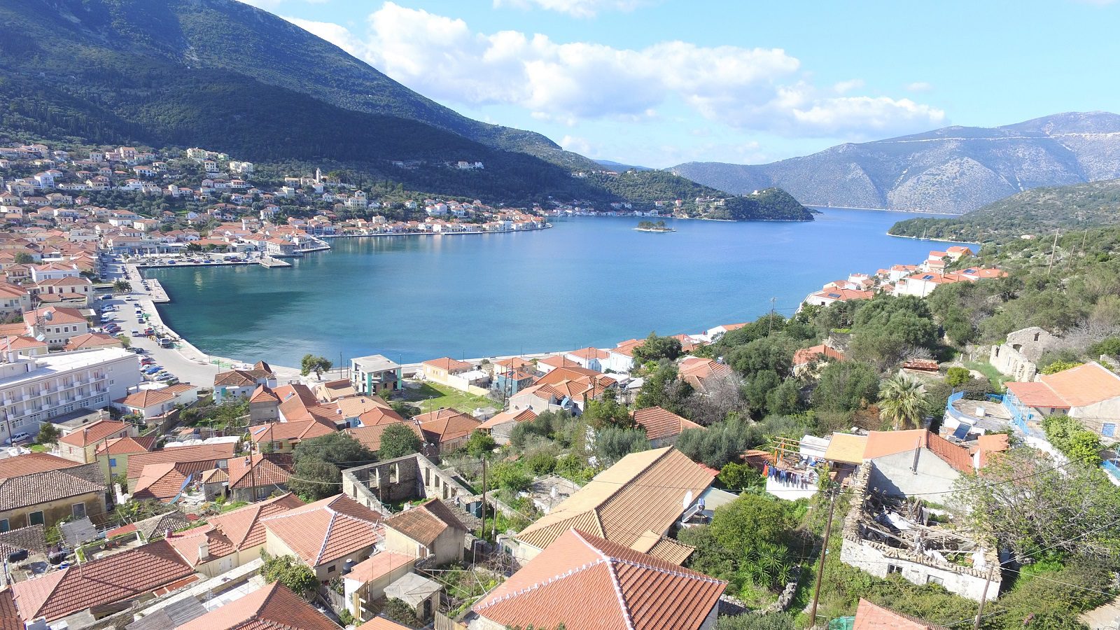 Aerial views of land for sale on Ithaca Greece, Vathi