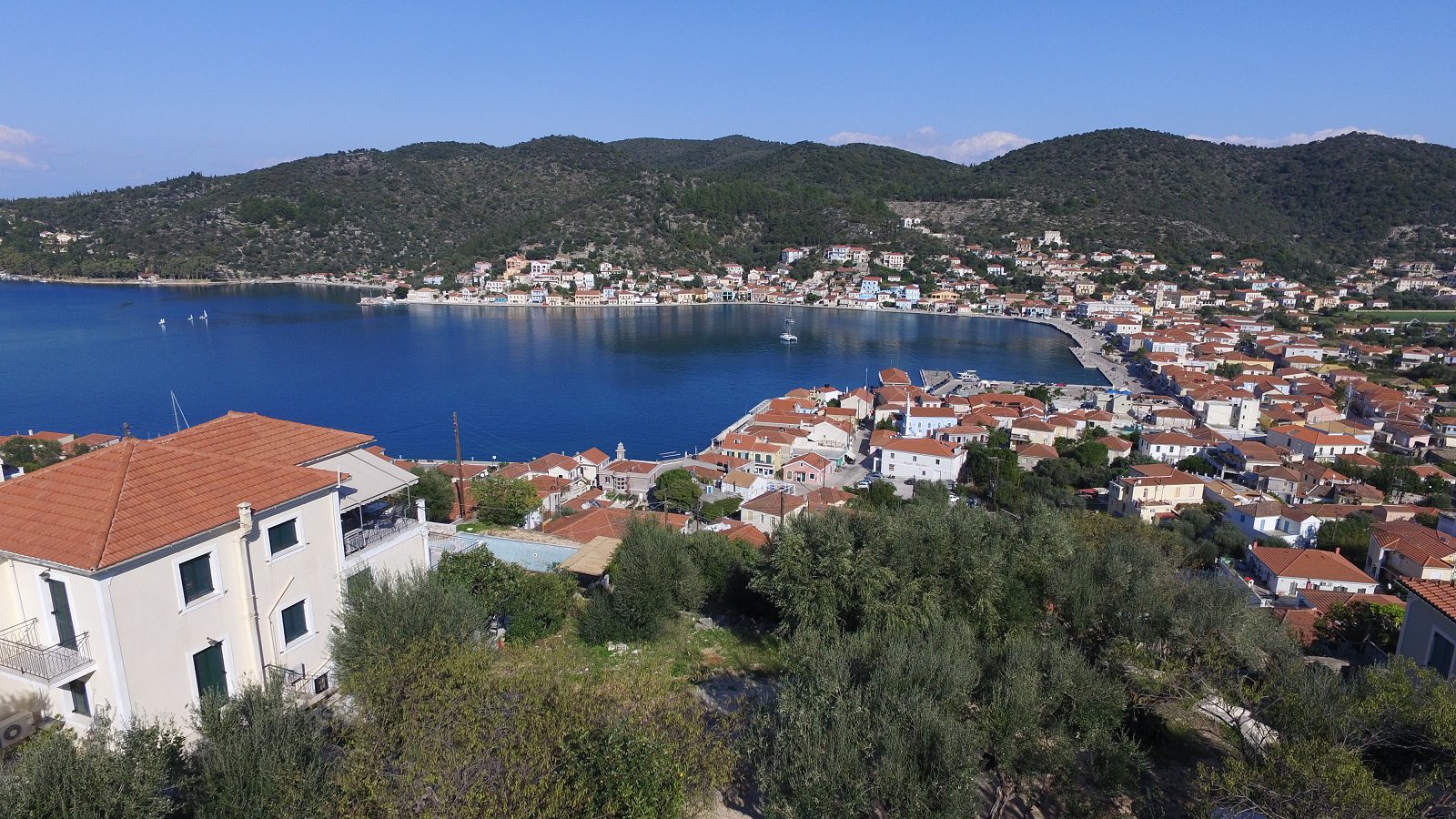 Aerial views of house for sale on Ithaca Greece, Vathi