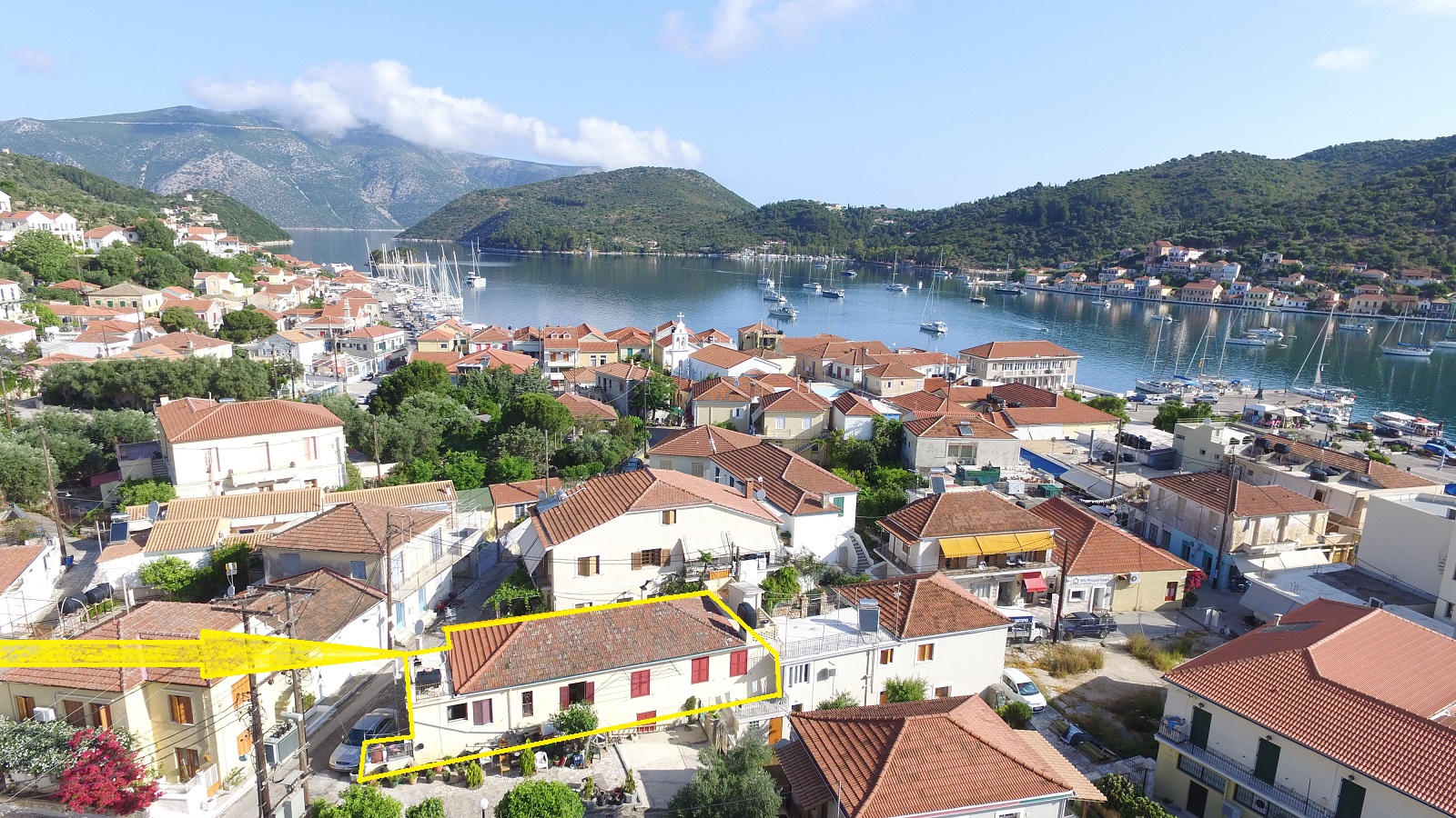 Aerial views of house for sale on Ithaca Greece, Vathi