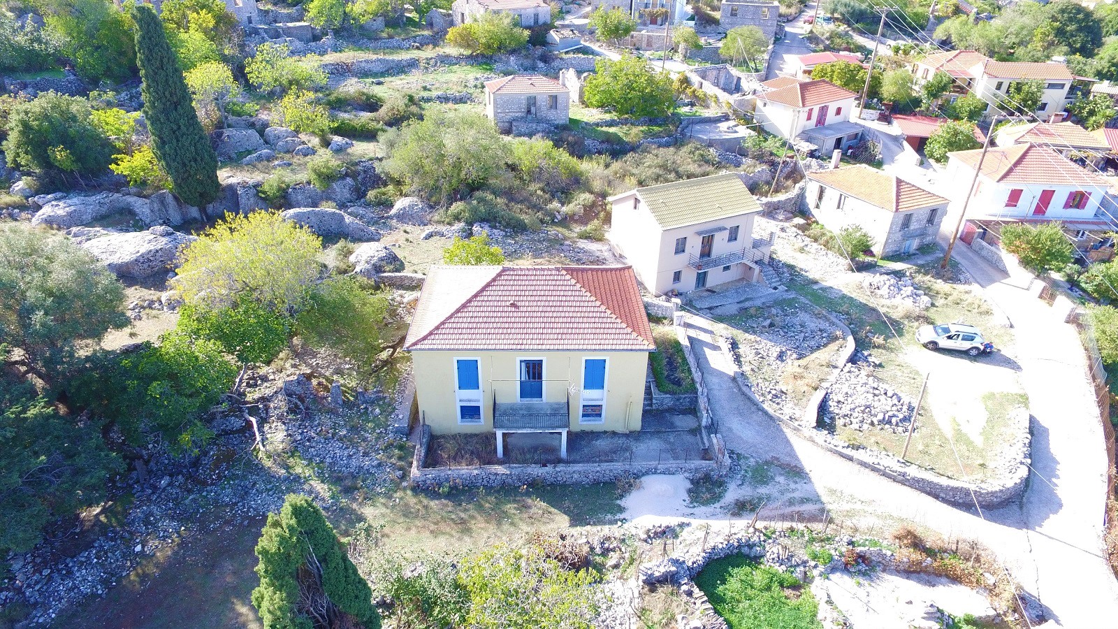 Aerial views of house for sale on Ithaca Greece, Anoghi