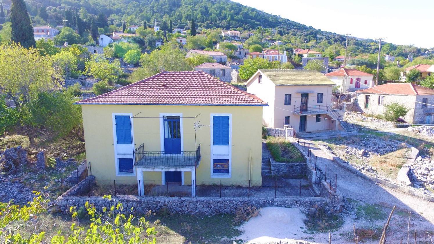 Aerial views of house for sale on Ithaca Greece, Anoghi