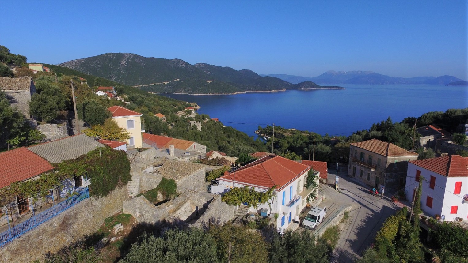 Aerial views of house for sale on Ithaca Greece, Kioni
