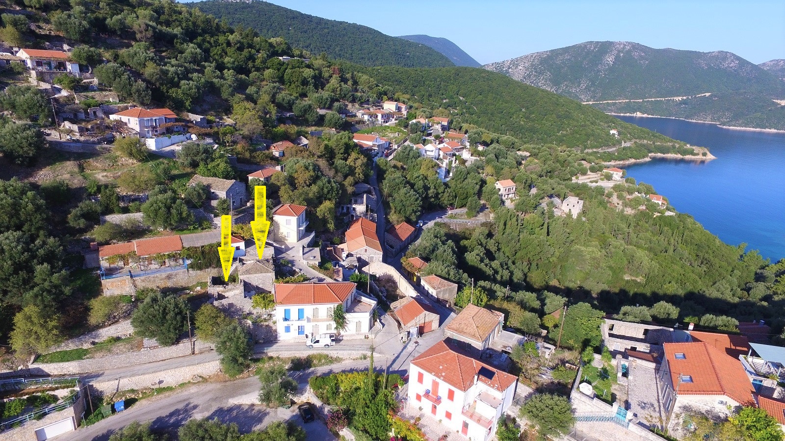 Aerial views of house for sale on Ithaca Greece, Kioni