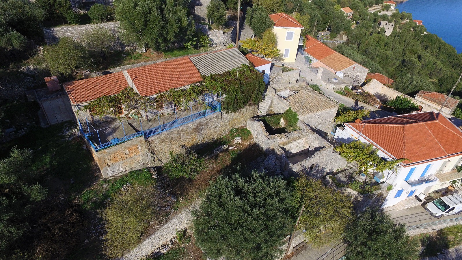 Aerial views of house for sale on Ithaca Greece, Kioni