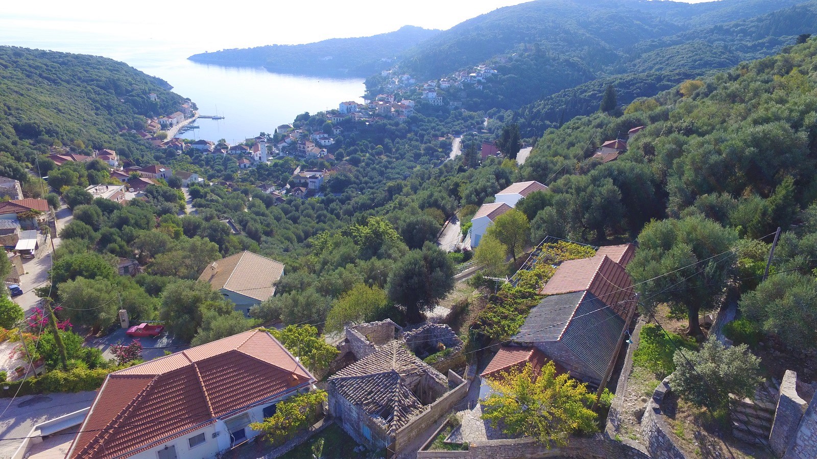 Aerial views of house for sale on Ithaca Greece, Kioni