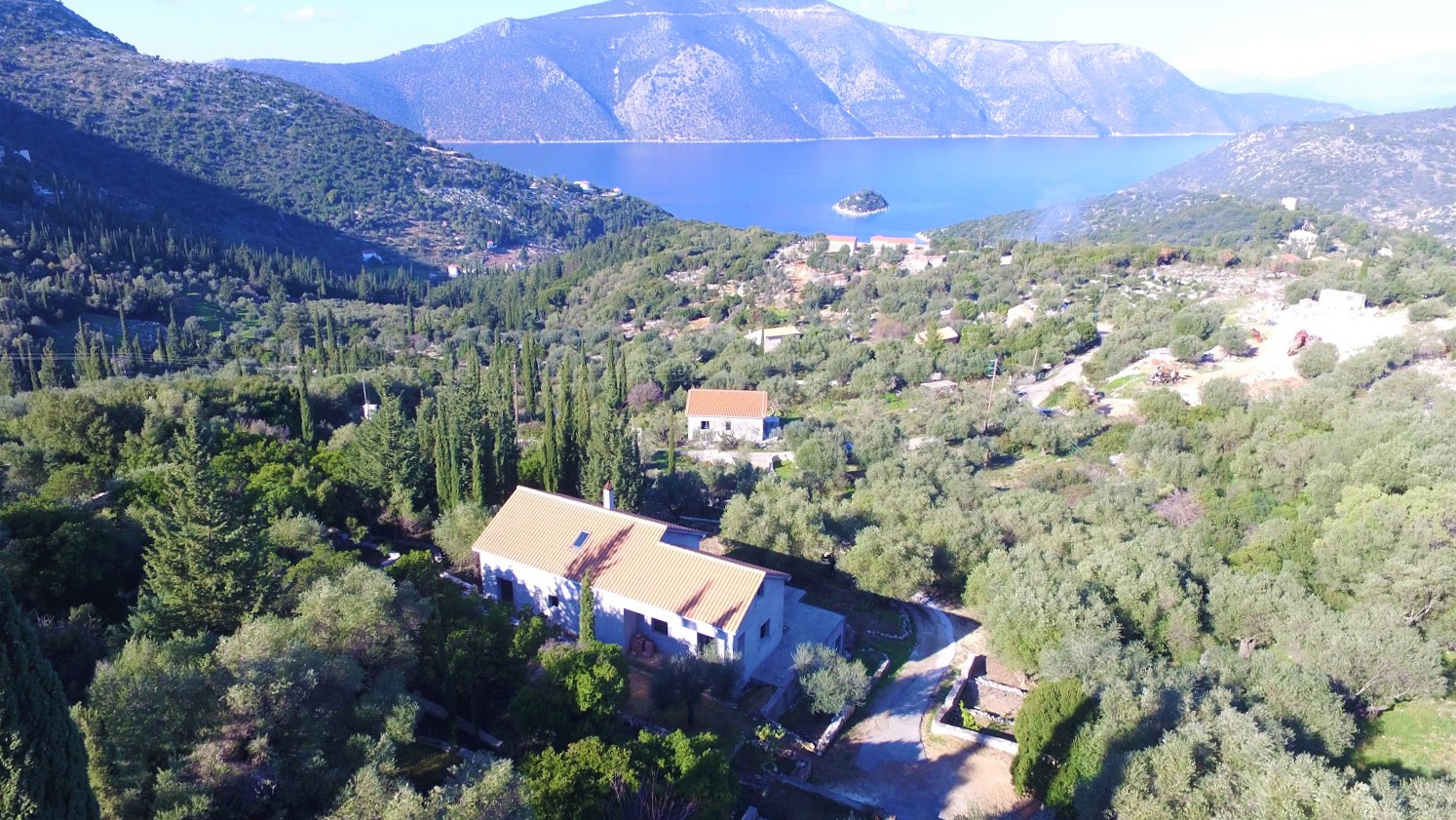 Aerial views of house for sale on Ithaca Greece, Vathi