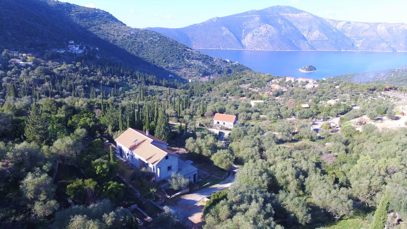 Aerial views of house for sale on Ithaca Greece, Vathi