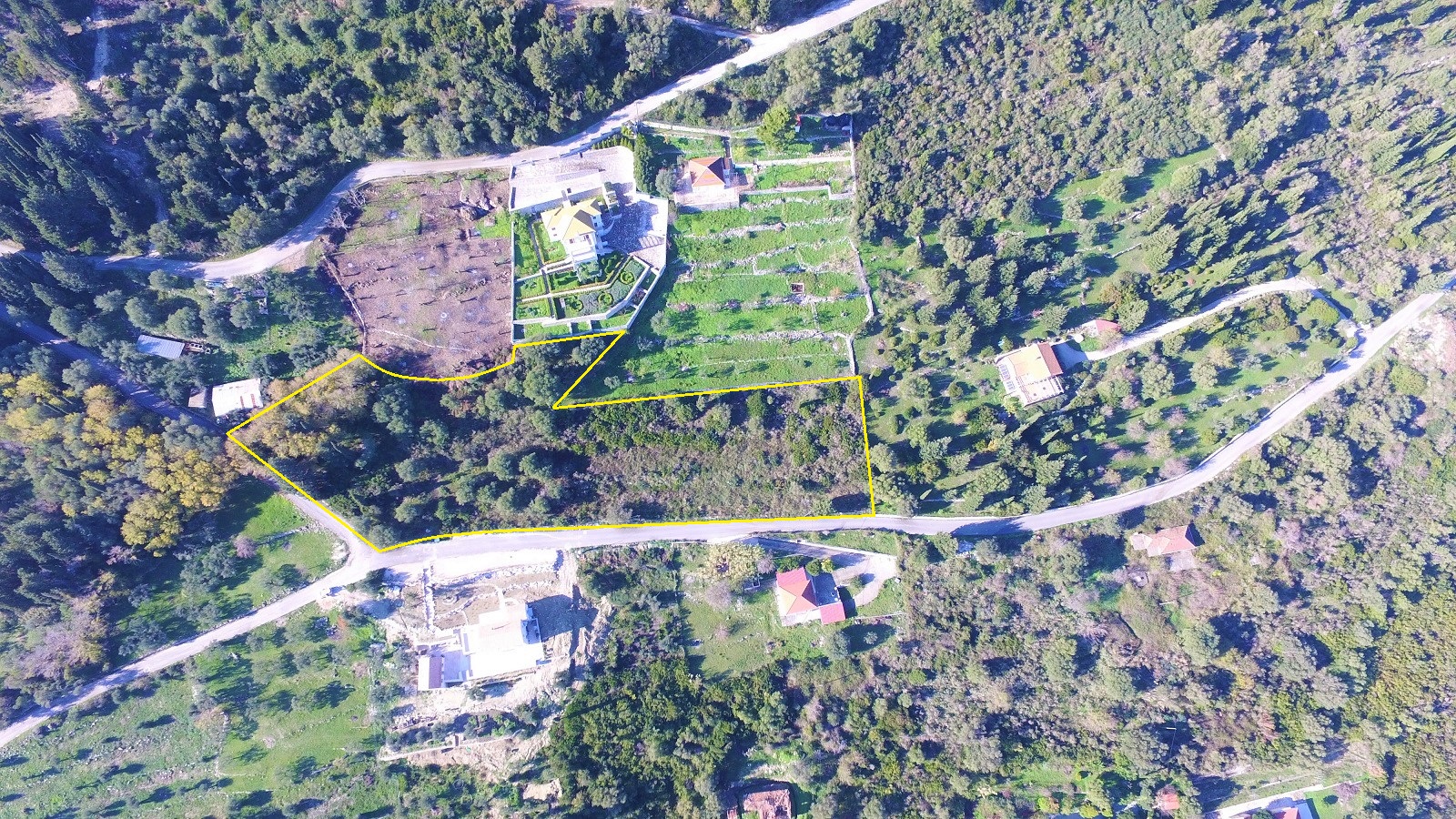 Aerial view and border of land for sale in Ithaca Greece, Platrithyas
