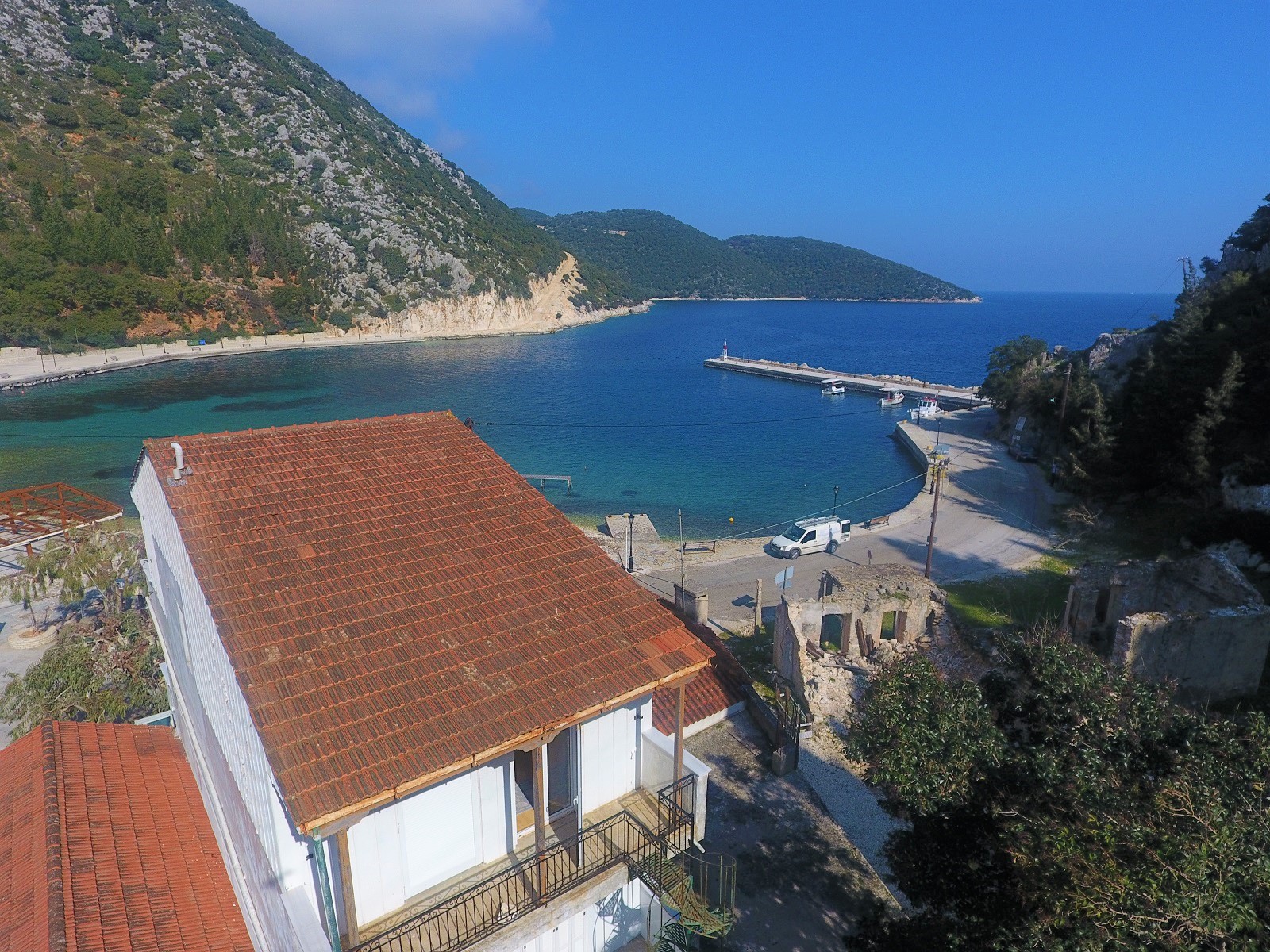Aerial views of house for sale on Ithaca Greece, Frikes