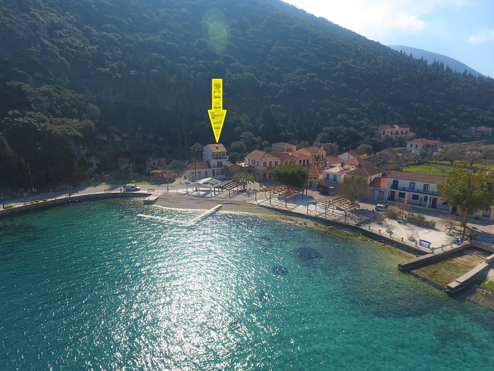 Aerial views of house for sale on Ithaca Greece, Frikes