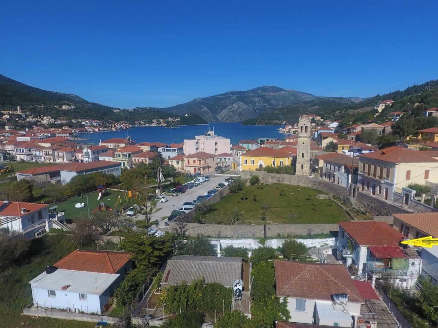 Aerial views of house for sale on Ithaca Greece, Vathi