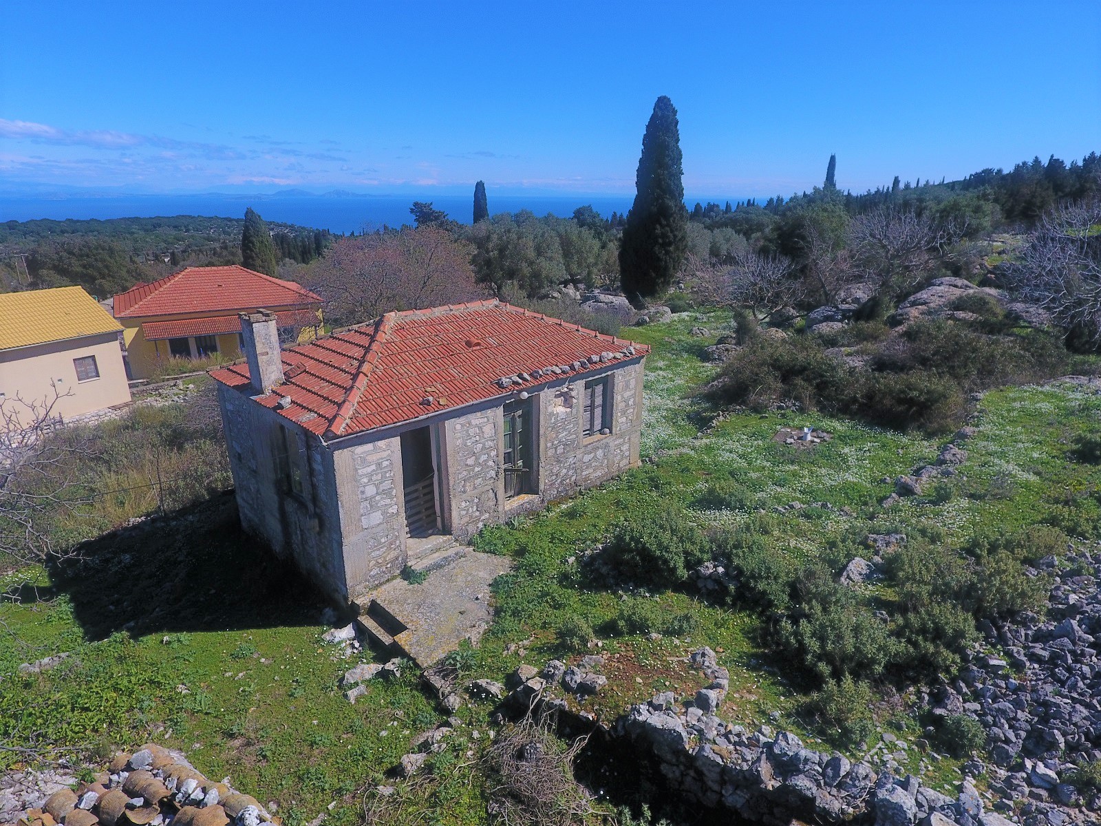 Aerial view of house for sale Ithaca Greece, Anoghi