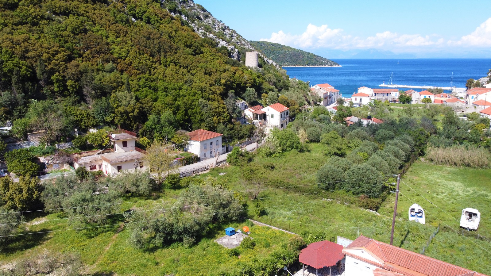 Aerial view of house for sale Ithaca Greece, Frikes
