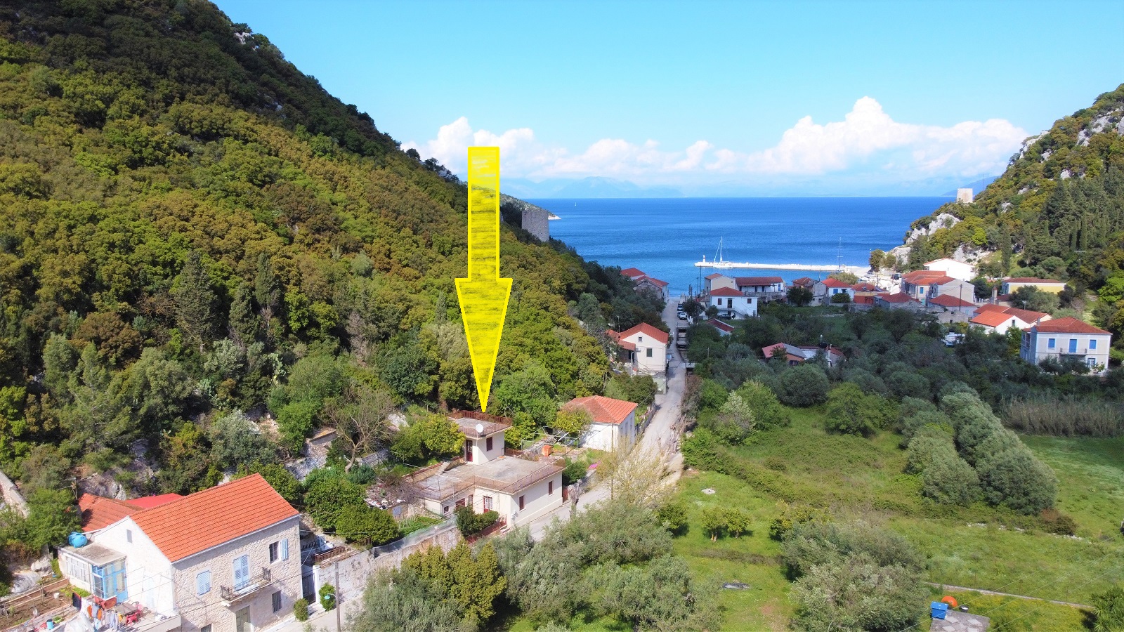 Aerial view of house for sale Ithaca Greece, Frikes
