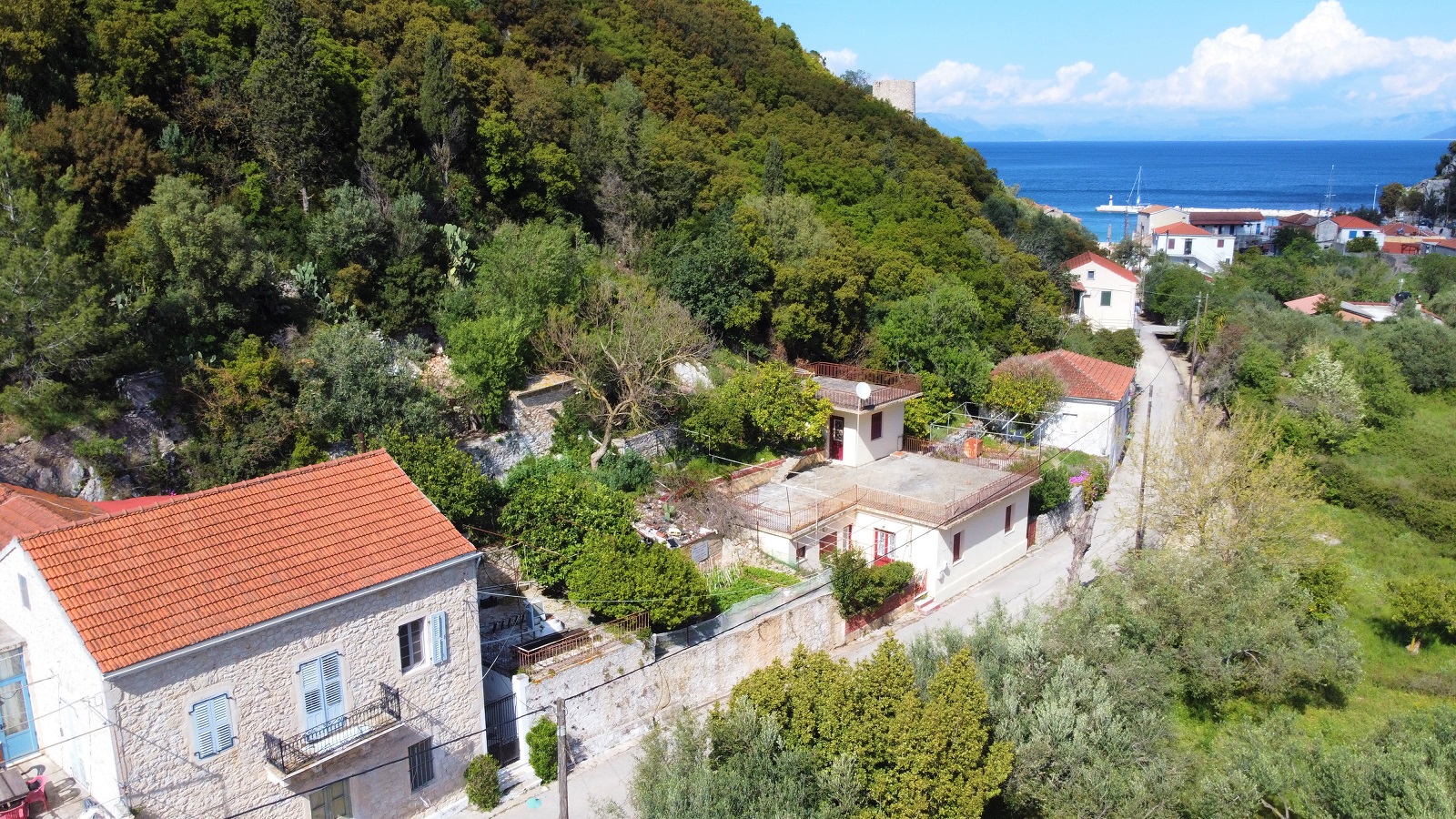 Aerial view of house for sale Ithaca Greece, Frikes