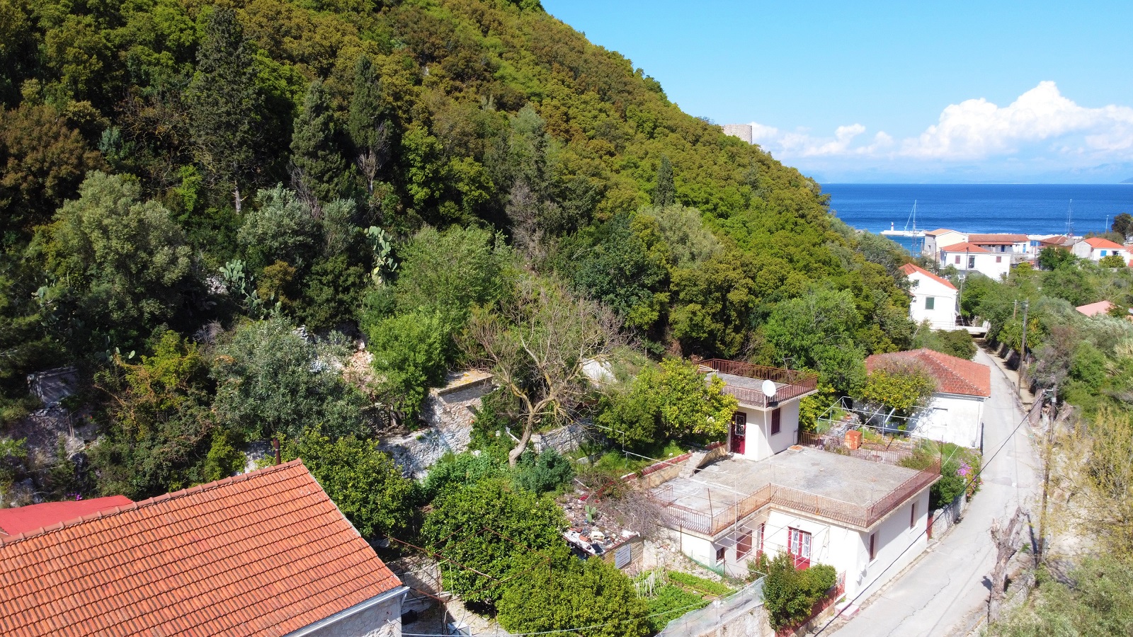 Aerial view of house for sale Ithaca Greece, Frikes