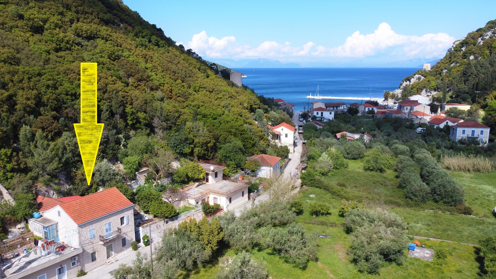 Aerial view of house for sale Ithaca Greece, Frikes