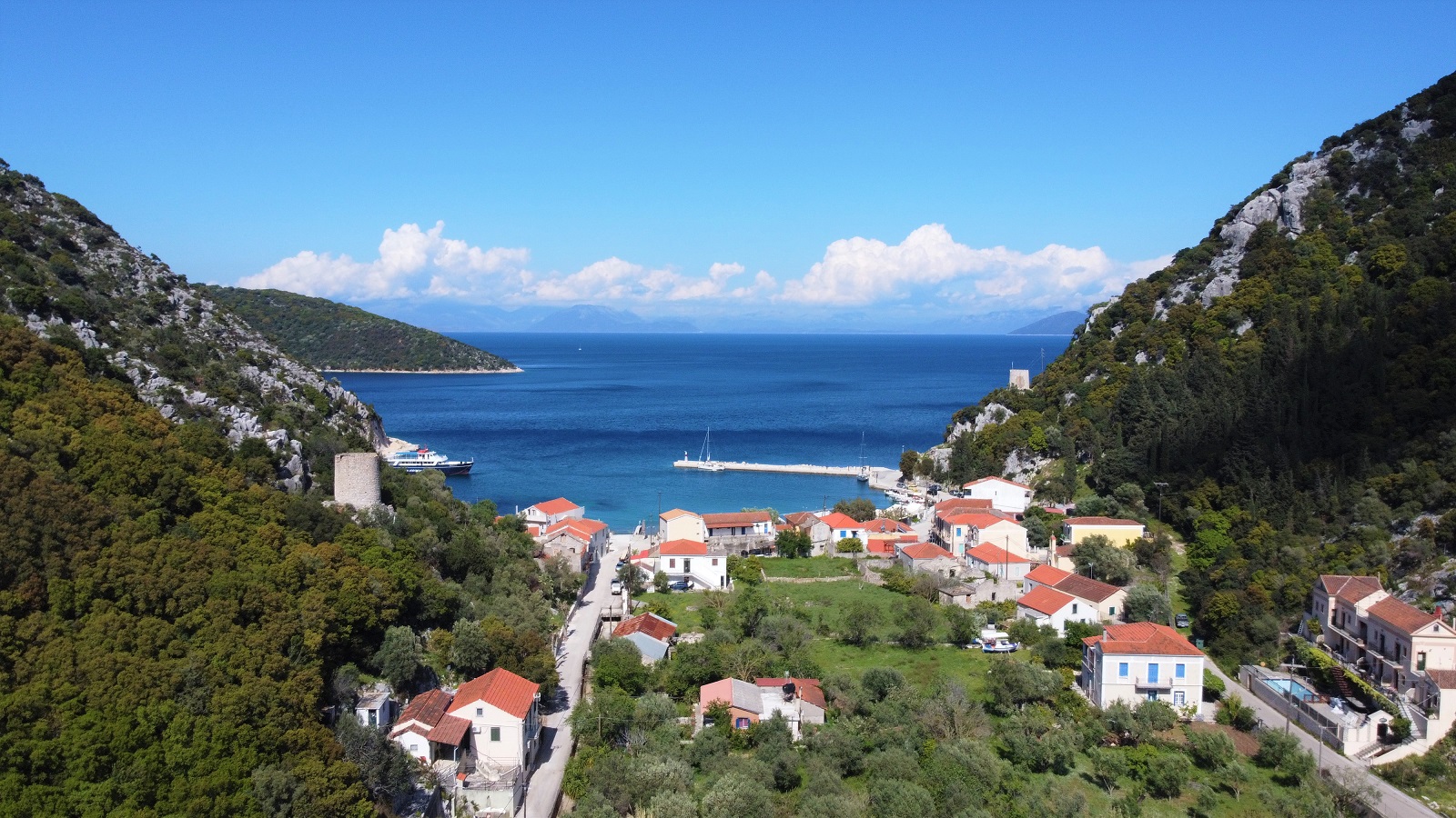 Aerial view of house for sale Ithaca Greece, Frikes