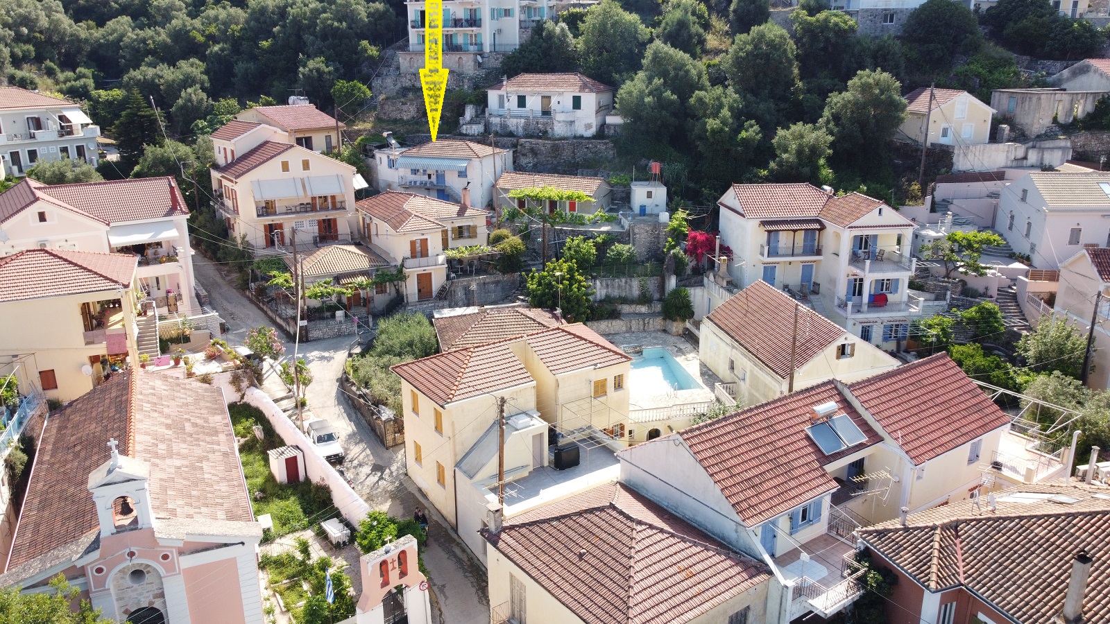 Aerial views of house for sale on Ithaca Greece, Vathi