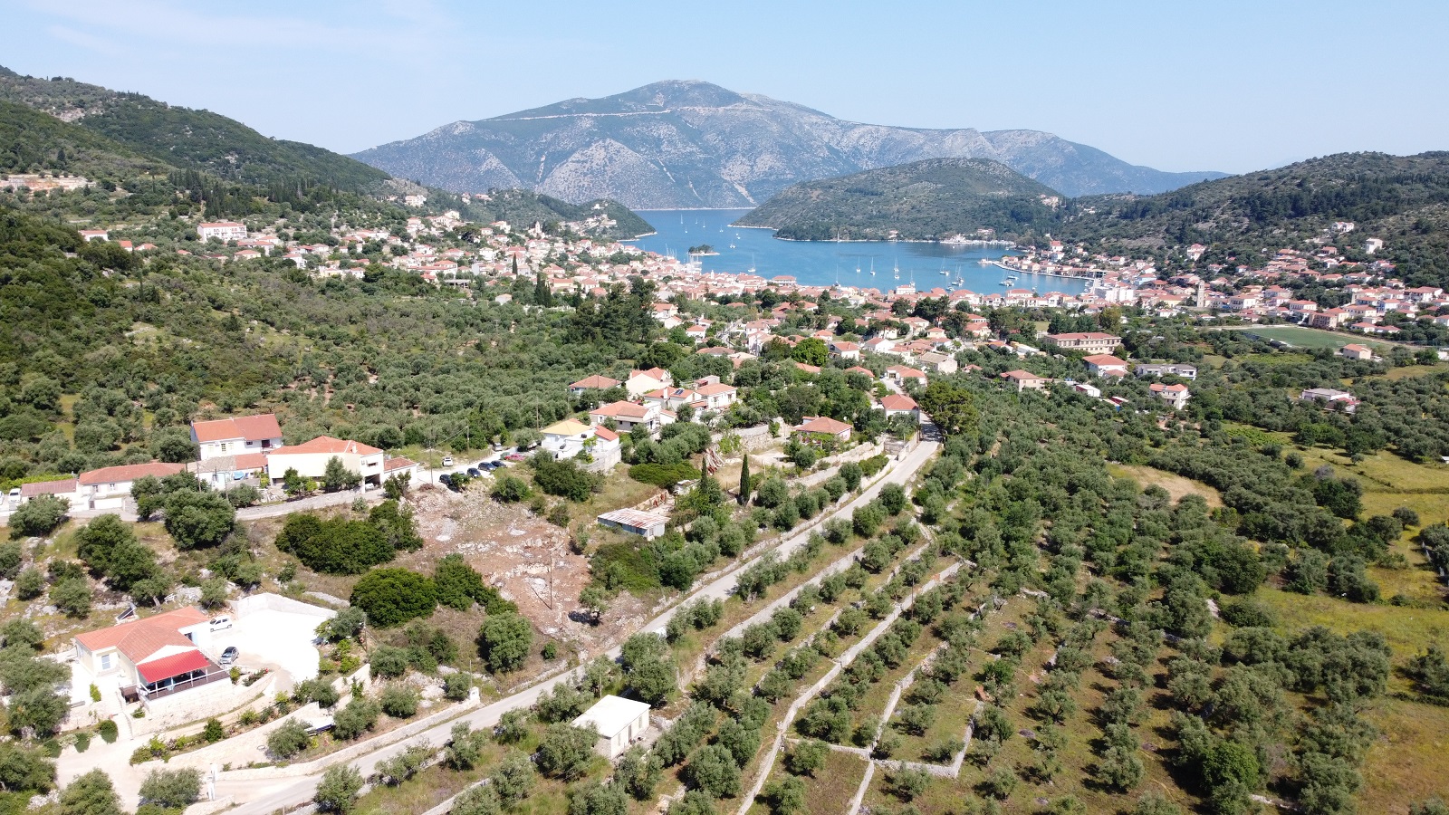 Aerial views of land for sale on Ithaca Greece, Vathi