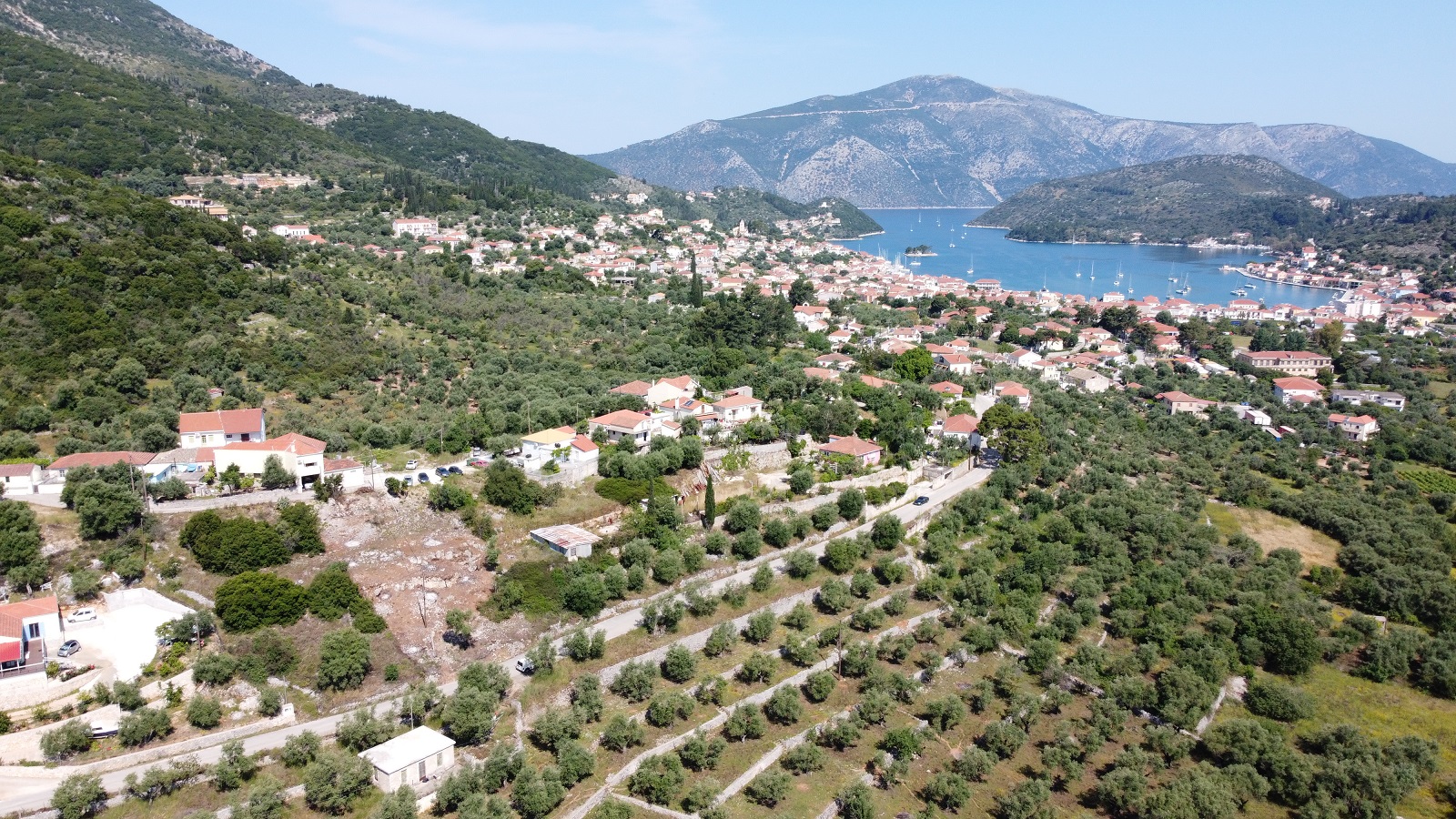 Aerial views of land for sale on Ithaca Greece, Vathi