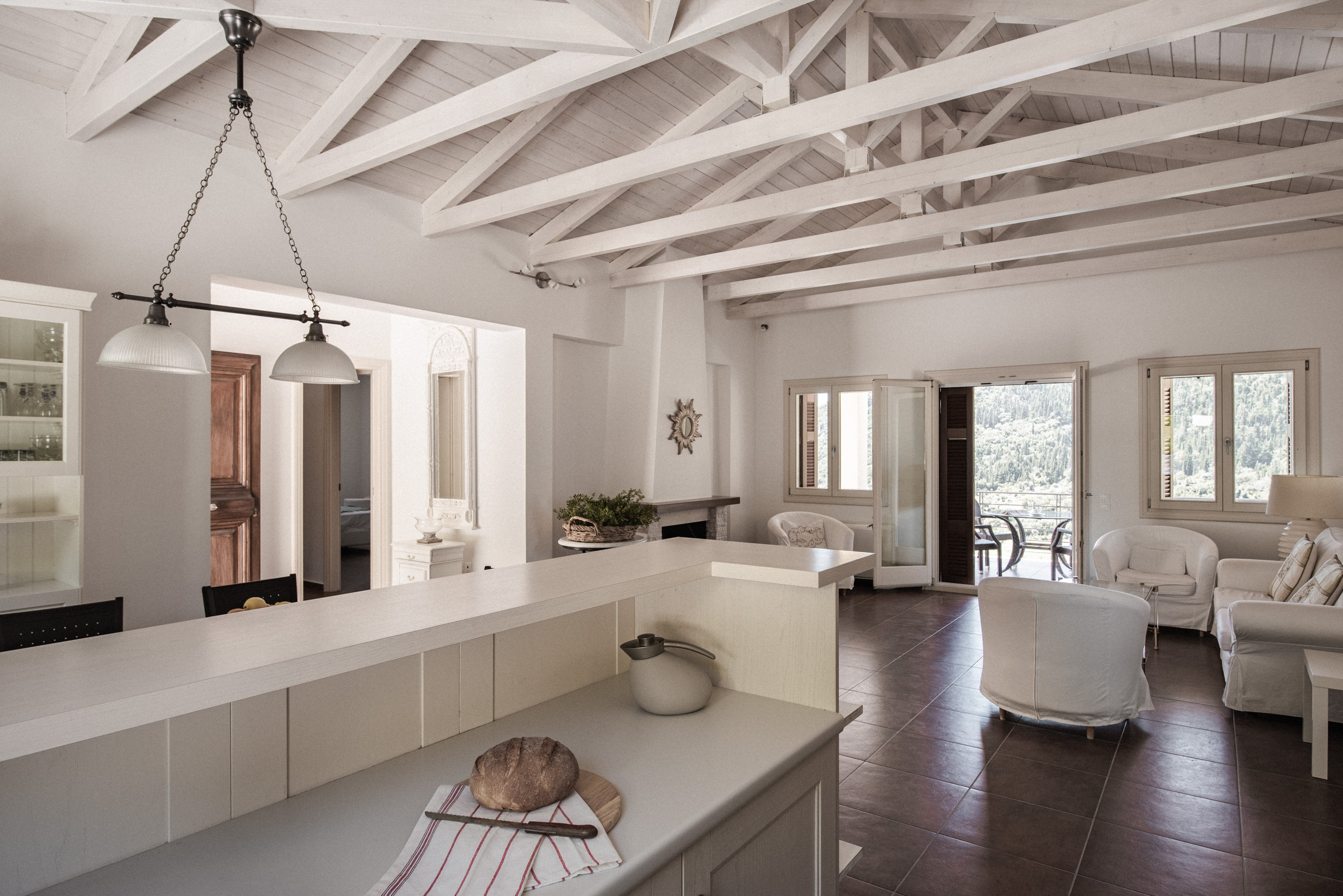 Living room pool area of villa for rent on Ithaca Greece, Stavros