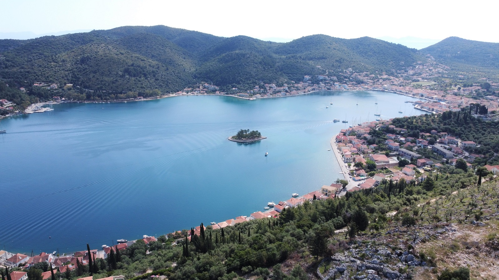 Aerial views of plot for sale on Ithaca Greece, Vathi