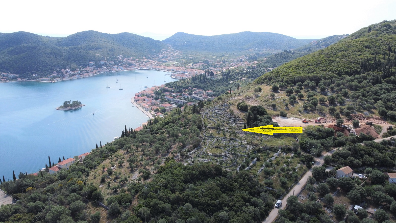 Aerial views of plot for sale on Ithaca Greece, Vathi
