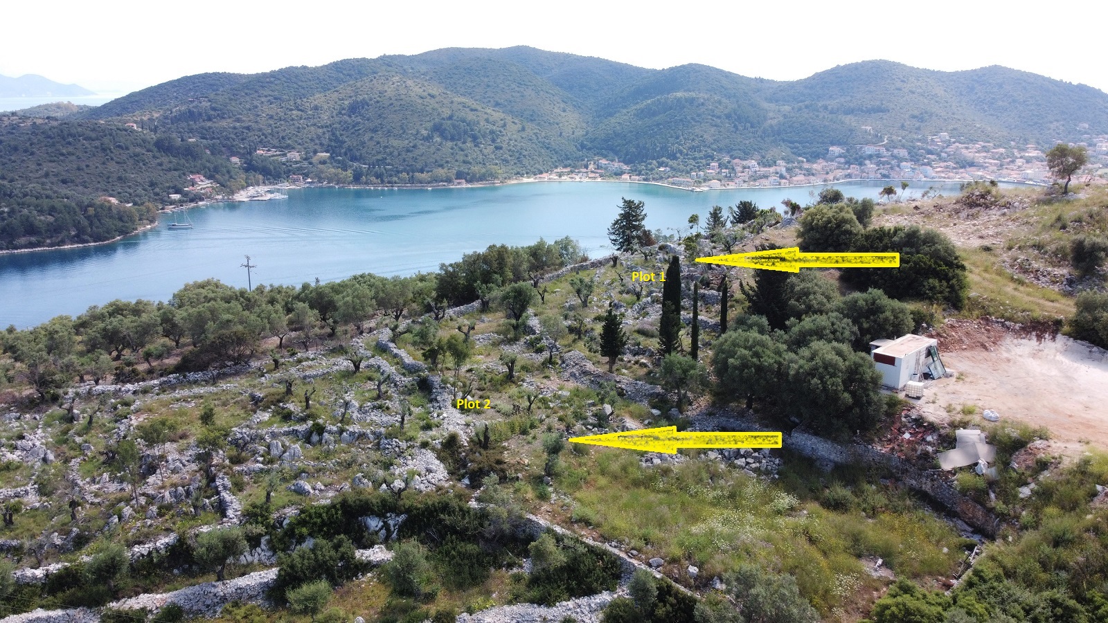 Aerial views of plot for sale on Ithaca Greece, Vathi