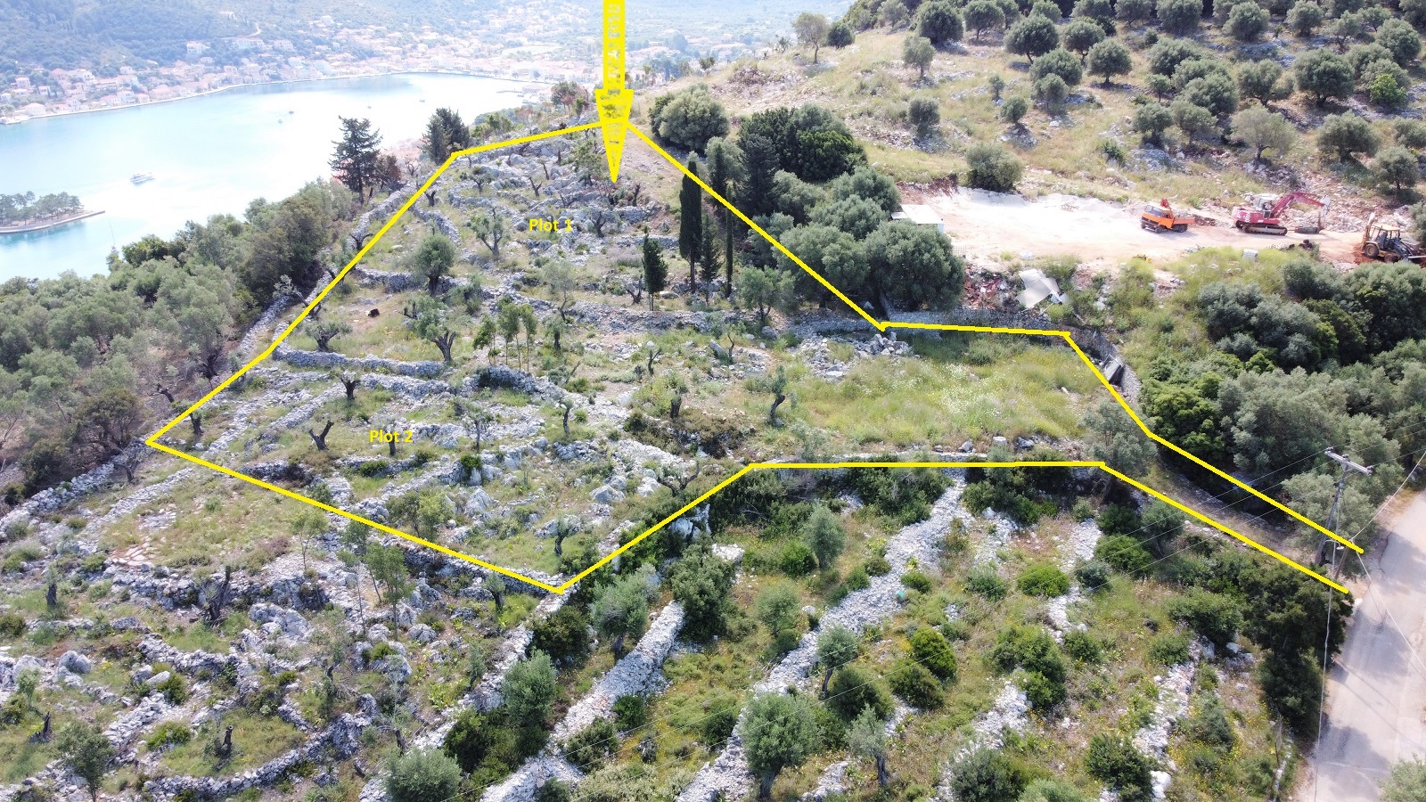 Aerial views of plots for sale on Ithaca Greece, Vathi