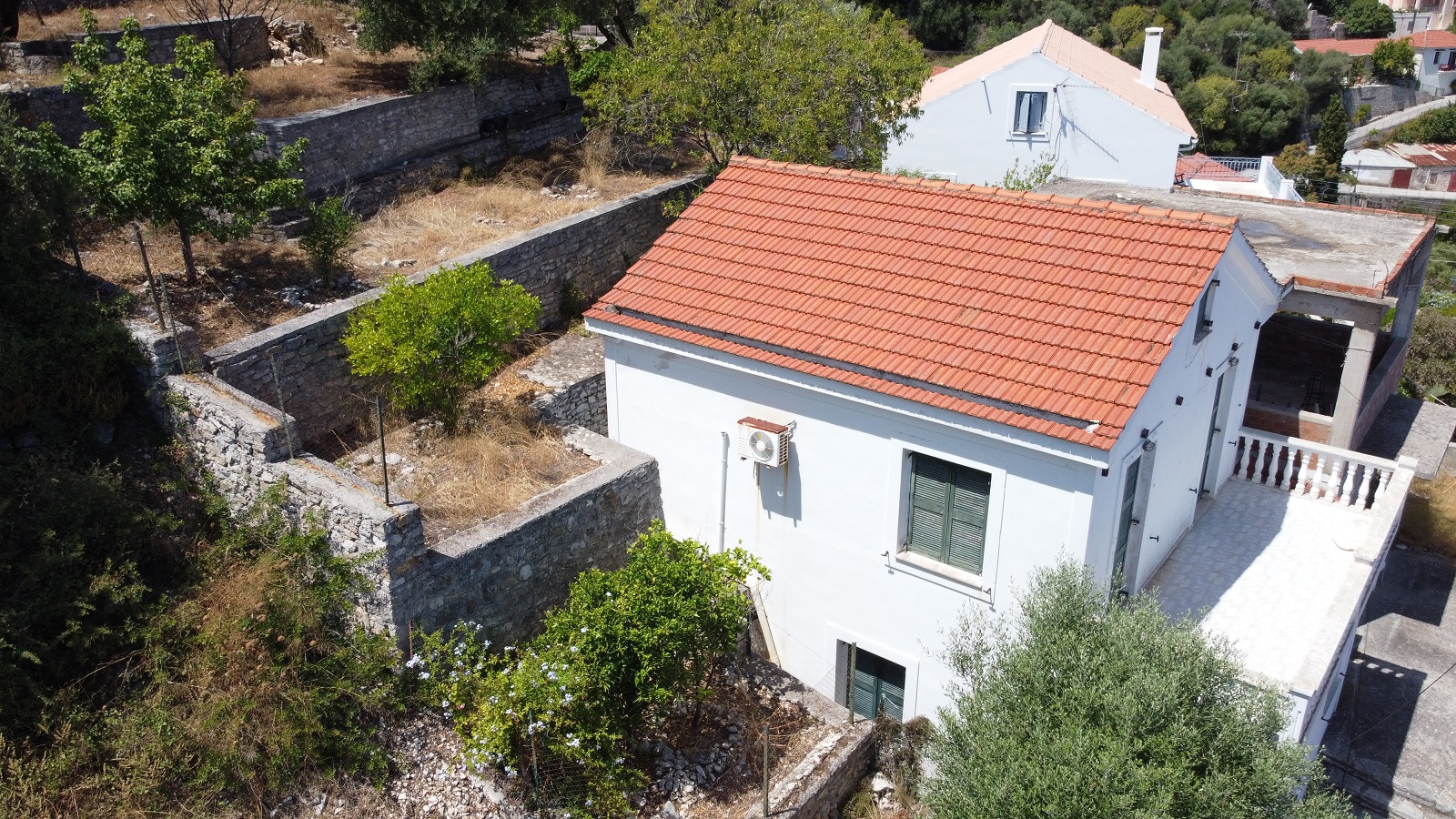 Aerial views of house for sale on Ithaca Greece, Kioni